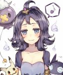  1girl :3 acerola_(pokemon) armlet arms_at_sides blue_eyes blue_fire blush closed_mouth collarbone drifloon fire head_tilt highres jitome looking_at_another mimikyu_(pokemon) motion_lines musical_note pokemon pokemon_(creature) pokemon_(game) pokemon_sm purple_hair sableye sharp_teeth spoken_musical_note teeth topknot upper_body white_background 