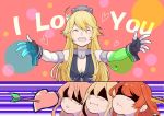  arrow arrow_through_heart blush delusion_empire english headgear heart iowa_(kantai_collection) kantai_collection kongou_(kantai_collection) long_hair multiple_girls outstretched_arms saratoga_(kantai_collection) shaded_face warspite_(kantai_collection) yuri 