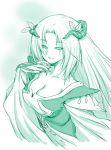  1girl breasts cleavage collarbone dress evil_smile fingernails fresh_precure! green hand_on_own_chest horns kazuma_muramasa large_breasts long_fingernails long_hair monochrome northa_(fresh_precure!) parted_lips precure sketch smile solo 