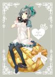 1girl absurdres bow bowtie bread breasts brown_eyes cup dress fishnet_pantyhose fishnets food green_hair hair_bow hario_4 highres kantai_collection melon_bread pantyhose short_ponytail sitting_on_food small_breasts tagme teacup yuubari_(kantai_collection) 