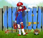  1girl back black_hair blue_eyes boots fence genderswap genderswap_(mtf) gloves grass hat highres long_hair looking_at_viewer mario super_mario_bros. masao nintendo overalls paintbrush red_legwear salute single_thighhigh smile solo super_mario_bros. thigh-highs white_gloves 