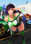 2girls ahoge artist_name asymmetrical_clothes bare_shoulders black_hair breasts car cleavage clothes_writing elbow_gloves feguimel gloves gradient_hair green_eyes ground_vehicle hand_on_own_thigh highres large_breasts leaning_forward leotard looking_at_viewer motor_vehicle multicolored_hair multiple_girls nail nail_polish open_mouth original outdoors ponytail purple_hair race_track racequeen salute short_hair smile standing teeth thigh-highs twitter_username vehicle 
