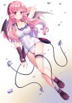 1girl absurdres bat_wings breasts bubble bunny_headphones drill_hair gloves goggles goggles_around_neck headphones highres long_hair looking_at_viewer mahou_shoujo_ikusei_keikaku may_(2747513627) old_school_swimsuit one-piece_swimsuit pink_eyes pink_hair sakanagi_ayana school_swimsuit solo swim_swim swimsuit white_school_swimsuit white_swimsuit wings 