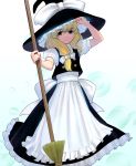  apron blonde_hair bow broom hair_bow hat hat_bow hat_tip highres kirisame_marisa looking_at_viewer masao puffy_sleeves short_hair simple_background smile touhou waist_apron white_background witch_hat 