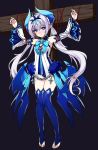 +_+ 1girl bangs bare_shoulders barefoot bat_wings blue_bow blue_eyes blue_legwear blush bound bound_wrists bow braid bridal_legwear chains closed_mouth crown detached_sleeves dress elbow_gloves elsword eyes_visible_through_hair feet french_braid full_body gloves hair_between_eyes horns kuro_(kuronell) leotard long_hair looking_at_viewer low_wings luciela_r._sourcream noblesse_(elsword) pointy_ears restrained solo standing strapless strapless_leotard symbol-shaped_pupils thigh-highs toeless_legwear toes twintails very_long_hair white_hair white_leotard wings