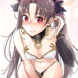  1girl alcoholrang bare_shoulders black_hair blush breasts cleavage detached_sleeves earrings fate/grand_order fate_(series) ishtar_(fate/grand_order) jewelry long_hair looking_at_viewer navel red_eyes simple_background smile solo tohsaka_rin white_background 