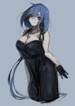  1girl bangs bare_shoulders black_dress black_gloves breasts cleavage closed_mouth dress facial_mark gloves grey_background hair_between_eyes highres kz_609 large_breasts long_hair personification pokemon pokemon_(game) pokemon_sm simple_background smile solo wishiwashi 