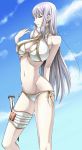  1girl artist_request bikini breasts cleavage erect_nipples knife large_breasts long_hair navel red_eyes selvaria_bles senjou_no_valkyria senjou_no_valkyria_1 side-tie_bikini silver_hair solo swimsuit under_boob white_bikini zip 