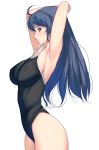  1girl armpits blush breasts highres large_breasts long_hair looking_at_viewer masao one-piece_swimsuit original simple_background solo swimsuit white_background 
