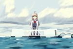  1girl ahoge battleship blonde_hair clouds earrings green_eyes highres jewelry long_hair military military_vehicle missouri_(zhan_jian_shao_nyu) pearl_harbor ship sketch sky solo uss_arizona_(bb-39) wading warship water watercraft zhan_jian_shao_nyu 