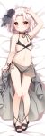  1girl anchor bikini black_bikini black_rose blush choker dakimakura flower full_body hair_flower hair_ornament looking_at_viewer lying navel on_back red_eyes rose sandals sarong short_hair smile swimsuit vittorio_veneto_(zhan_jian_shao_nyu) white_hair xia_xiang_(ozicha) zhan_jian_shao_nyu 