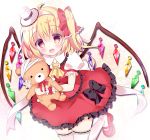  1girl ahoge ascot bandage blonde_hair bow bowtie collared_shirt crystal fang flandre_scarlet frilled_legwear frilled_shirt_collar frilled_skirt frilled_sleeves frilled_vest frills gradient_eyes hair_between_eyes hair_bow hairband hat looking_at_viewer mary_janes mini_hat mini_top_hat multicolored_eyes pink_shoes puffy_short_sleeves puffy_sleeves red_bow red_bowtie red_eyes red_skirt red_vest rika-tan_(rikatantan) shirt shoes short_sleeves side_ponytail skirt smile solo stuffed_animal stuffed_toy teddy_bear thigh-highs top_hat touhou vest white_hat white_legwear white_shirt wings yellow_eyes 