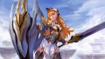  1girl architecture armor blue_sky breasts fantasy floating_island greco-roman_architecture helmet highres lips long_hair orange_hair original outdoors parted_lips shield sky solo sword thigh-highs violet_eyes weapon yinanhuanle zettai_ryouiki 