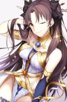  1girl bare_shoulders black_hair breasts earrings fate/grand_order fate_(series) hair_ribbon highres hoop_earrings ishtar_(fate/grand_order) jewelry long_hair looking_at_viewer one_eye_closed red_eyes ribbon smile solo sparkle tohsaka_rin two_side_up wowishi 