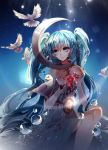  1girl absurdres bangs baocaizi bent_knees bird blue_dress blue_eyes blue_hair bubble closed_mouth crescent dove dress flower hair_flower hair_ornament hatsune_miku highres legs_together long_hair looking_at_viewer mirror smile solo strapless strapless_dress twintails very_long_hair vocaloid 