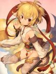  1girl ahoge anchira_(granblue_fantasy) arm_at_side bare_shoulders barefoot blonde_hair breasts clouds detached_sleeves erun_(granblue_fantasy) from_above granblue_fantasy hair_between_eyes hairband highleg highleg_leotard ju-zika leotard looking_at_viewer monkey_ears monkey_tail red_eyes see-through short_hair sideboob sitting small_breasts staff tail thighs two_side_up wariza white_legwear white_leotard 