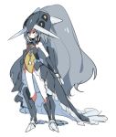  1girl bare_shoulders bastiodon big_hair closed_mouth frown full_body grey_hair high_ponytail kz_609 leotard long_hair no_nose personification pokemon pokemon_(game) pokemon_dppt showgirl_skirt simple_background solo spikes standing very_long_hair white_background yellow_eyes 