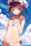  1girl anchor bare_arms beret bikini blush bow breast_suppress brown_eyes brown_hair character_name closed_mouth clothes_writing clouds cloudy_sky collarbone cowboy_shot day eyebrows eyebrows_visible_through_hair eyelashes flat_chest gluteal_fold hands_on_own_chest haruka_(reborn) hat hat_bow horizon kantai_collection lens_flare looking_at_viewer looking_to_the_side navel ocean outdoors sailor_bikini sailor_collar short_hair short_hair_with_long_locks side-tie_bikini sidelocks sky smile smiley_face solo stomach string_bikini striped striped_bow swimsuit white_bikini z3_max_schultz_(kantai_collection) 