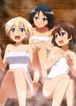  3girls absurdres barefoot brave_witches brown_eyes brown_hair dripping feet grey_eyes highres kanno_naoe karibuchi_hikari multiple_girls nikka_edvardine_katajainen official_art open_mouth sauna sitting surprised toes towel world_witches_series 