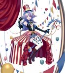  1girl :o animal_ears argyle argyle_legwear balloon black_gloves black_shirt blue_eyes blue_hair boots bow brown_boots dress elbow_gloves facial_mark full_body gloves hair_over_one_eye hat highres horse knee_boots long_hair looking_at_viewer multicolored_hair nonoji_(nonoji1215) original pennant pink_hair pocketland shako_cap shirt shorts shorts_under_skirt sleeveless sleeveless_shirt solo staff streaked_hair string_of_flags striped striped_bow striped_shorts thigh-highs two-tone_hair vertical-striped_dress vertical_stripes white_background white_legwear 