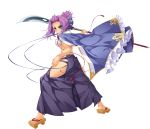  1girl absurdres artist_request blush breasts chouryou_(shia) feet full_body green_eyes hakama haori highres holding holding_weapon japanese_clothes koihime_musou large_breasts looking_at_viewer looking_back naginata no_socks polearm purple_hair sandals sarashi solo standing transparent_background weapon 