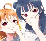  2girls ahoge blue_hair braid eyebrows_visible_through_hair hair_bun hair_ribbon love_live! love_live!_sunshine!! multiple_girls orange_hair red_eyes ribbon school_uniform takami_chika totoki86 tsushima_yoshiko 