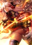  1girl ass blonde_hair breasts dark_persona drifters fate/grand_order fate_(series) fire highres koha-ace long_hair looking_at_viewer mia_(gute-nacht-07) sakura_saber smile solo sword underwear weapon 