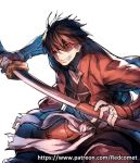  1boy armor black_hair drifters looking_at_viewer open_mouth redcomet shimazu_toyohisa short_hair smile sword weapon 