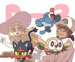  1boy 1girl baseball_cap beard black_hair blonde_hair braid countdown dark_skin dark_skinned_male dress facial_hair hat kukui_(pokemon) labcoat lillie_(pokemon) litten_(pokemon) long_hair pokemon pokemon_(creature) pokemon_(game) pokemon_sm ponytail popplio rowlet short_hair simple_background ssalbulre sun_hat twin_braids white_background white_dress 