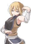  1girl arm_up arm_warmers armpits bangs blonde_hair clenched_teeth erect_nipples eyes_visible_through_hair green_eyes grimace hair_between_eyes half_updo highres looking_at_viewer m92fs mizuhashi_parsee parted_lips pointy_ears short_hair simple_background sleeveless solo teeth touhou white_background 