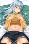  1girl absurdres alternate_costume bed_sheet black_legwear blue_eyes clothes_lift cowboy_shot hibiki_(kantai_collection) highres kantai_collection lips long_hair looking_to_the_side lying miniskirt navel on_back parted_lips pleated_skirt ribbed_sweater shokora_momiji silver_hair skirt sweater sweater_lift thigh-highs thighs turtleneck_sweater 