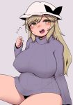  1girl :d black_panties blonde_hair blush breasts flying_sweatdrops hat highres large_breasts long_hair looking_at_viewer oozon_(ozon) open_mouth panties plump ribbed_sweater round_teeth sitting smile solo sweat sweater teeth thick_thighs thighs touhou turtleneck turtleneck_sweater underwear watatsuki_no_toyohime yellow_eyes 