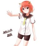  2016 absurdres bike_shorts black_shorts dated eyebrows eyebrows_visible_through_hair highres horns kaieee original outstretched_arm red_eyes redhead shirt short_hair short_shorts shorts simple_background smile white_background white_shirt 