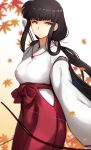  1girl arrow bangs black_hair blunt_bangs bow_(weapon) character_request holding holding_weapon inuyasha japanese_clothes kimono leaf long_hair looking_at_viewer maple_leaf miko netlk ponytail quiver solo weapon\r\nkikyou_(inuyasha) 