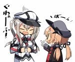  2girls :d anchor_hair_ornament blonde_hair blush_stickers closed_eyes commentary finger_gun gloves graf_zeppelin_(kantai_collection) hair_ornament hat iron_cross kanikama kantai_collection long_hair military military_hat military_uniform multiple_girls open_mouth peaked_cap prinz_eugen_(kantai_collection) simple_background smile sweat translated twintails uniform white_background white_gloves ||_|| 