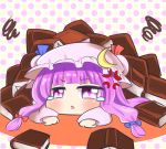  &gt;:o 1girl :o anger_vein bangs blue_bow blue_ribbon blunt_bangs blush book bow buried chibi crescent hair_bow hat hat_ribbon looking_at_viewer lying mob_cap on_stomach parted_lips patchouli_knowledge purple_hair red_bow red_ribbon ribbon shinyafuru sidelocks solo squiggle tears touhou triangle_mouth violet_eyes 