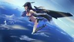  1girl aircraft_carrier black_hair breasts cleavage clouds elbow_gloves gloves j-20 long_hair military military_vehicle ocean original personification red_eyes ship thigh-highs wangchuan_de_quanyan warship watercraft 