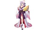 1girl artist_request breasts cleavage fan flower flower_knight_girl full_body hair_flower hair_ornament japanese_clothes large_breasts lavender_hair long_hair looking_at_viewer queen_of_the_night sandals solo standing tabi transparent_background violet_eyes wide_sleeves 