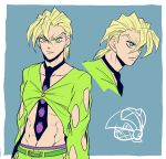  1boy abs belt blonde_hair dododo_dadada food frown fruit hair_between_eyes jojo_no_kimyou_na_bouken male_focus necktie pannacotta_fugo purple_haze_(stand) serious sketch solo stand_(jojo) strawberry upper_body yellow_eyes 