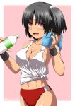  1girl alternate_breast_size armpits bare_shoulders black_hair bottle breasts buruma cleavage cowboy_shot groin highres kantai_collection large_breasts looking_at_viewer nagara_(kantai_collection) pink_background red_buruma red_eyes shirt short_hair short_ponytail side_ponytail sideboob simple_background sleeveless sleeveless_shirt sports_bra tan tank_top tied_shirt toned towel towel_around_neck 