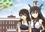  2girls :d akagi_(kantai_collection) animal animal_on_head black_eyes black_hair brown_eyes building commentary_request food headgear highres holding hoshino_banchou japanese_clothes kantai_collection long_hair looking_at_viewer multiple_girls muneate nagato_(kantai_collection) open_mouth smile squirrel tasuki translation_request tree_branch 