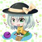  1girl :d black_hat blush bow chibi eyeball floral_background green_eyes green_skirt hair_between_eyes hat hat_bow heart kneeling knife komeiji_koishi long_sleeves open_mouth sharpening shinyafuru shirt silver_hair skirt smile solo third_eye touhou wide_sleeves yellow_bow yellow_shirt 