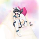  1girl adjusting_clothes adjusting_legwear ahoge animal_ears ankle_ribbon ass bangs bare_shoulders black_hair black_shoes blue_eyes blush breasts cat_ears cat_tail closed_mouth couch detached_collar detached_sleeves frills full_body hair_ornament heart heart_pillow highres kiyama_satoshi knees_up lace lace-trimmed_thighhighs leaning_back leg_up long_hair looking_at_viewer maid_bikini maid_headdress midriff miniskirt multicolored_background neck_ribbon netoge_no_yome_wa_onna_no_ko_janai_to_omotta? no_shoes on_couch panties pillow red_ribbon revision ribbon shoes shoes_removed sitting skirt smile solo tail tamaki_ako thigh-highs underwear upskirt white_legwear x_hair_ornament 