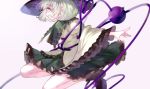  1girl :d ankle_boots blouse boots brown_boots eyebrows eyebrows_visible_through_hair floral_print frilled_shirt_collar frilled_skirt frilled_sleeves frills green_eyes green_hair green_skirt grin hat komeiji_koishi legs_up long_sleeves matching_hair/eyes midair ookamisama open_mouth outstretched_arm shirt short_hair sideways_mouth simple_background skirt skirt_set smile solo string third_eye touhou wide_sleeves 