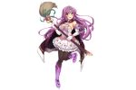  1girl artist_request blush bow breasts broom cape character_request cleavage dress earrings elbow_gloves flower_knight_girl frills full_body gloves green_eyes high_heels jewelry looking_at_viewer open_mouth pantyhose purple_hair short_dress smile solo tiara transparent_background 