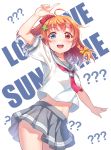  1girl :d ?? ahoge blue_eyes braid clover_hair_ornament copyright_name english fusion hair_ornament heterochromia kousaka_honoka love_live! love_live!_school_idol_project love_live!_sunshine!! miazi midriff navel open_mouth orange_hair red_eyes ribbon round_teeth school_uniform serafuku short_hair side_braid side_ponytail smile solo takami_chika teeth 