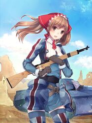  1girl alicia_melchiott artist_request black_gloves brown_eyes brown_hair edelweiss_(senjou_no_valkyria) gloves ground_vehicle gun holding holding_gun holding_weapon long_hair looking_at_viewer military military_uniform military_vehicle motor_vehicle open_mouth outdoors riffle senjou_no_valkyria senjou_no_valkyria_1 solo tank twintails uniform watermark weapon 