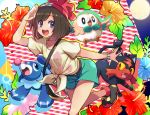  1girl bangs beanie blue_eyes blush brown_hair female_protagonist_(pokemon_sm) floral_print flower full_moon hat kicorikkka leg_up litten_(pokemon) moon open_mouth pokemon pokemon_(creature) pokemon_(game) pokemon_sm popplio red_hat rowlet salute shirt shoes short_hair short_shorts short_sleeves shorts sneakers sun swept_bangs t-shirt tied_shirt 