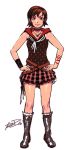  1girl belt brown_hair choker final_fantasy final_fantasy_xv full_body hands_on_hips highres hood hoodie iris_amicitia jewelry looking_at_viewer necklace plaid plaid_skirt robert_porter short_hair sketch skirt sleeveless smile solo 