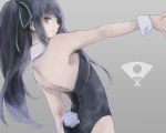  1boy ass bare_shoulders black_hair blue_eyes bunnysuit crossdressinging drifters fan long_hair looking_at_viewer nasu_no_yoichi ponytail ribbon smile solo trap 